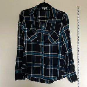 NWT EXPRESS the Portofino shirt black grey teal checkers grid flowy button shirt